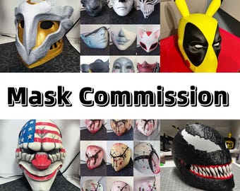 Puede incluir: Una colección de varias máscaras hechas a medida mostradas en una cuadrícula con el texto Mask Commission. Las máscaras presentan diseños diversos que incluyen personajes, temas de terror y patrones en colores como amarillo, negro, rojo, blanco y dorado.