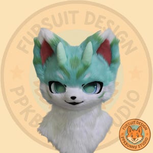 Fursuit Head- Head, Green Two-Horned Dragon Furry Head, Dragon Fantasy Creatures, Dragon Fantasy Creatures, Cool Dragon Fursuit Head