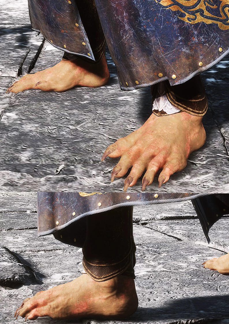 Puede incluir: Primer plano de los pies de una persona, un pie tiene dedos humanos, el otro pie tiene garras largas y afiladas. La persona lleva pantalones azules oscuros con detalles dorados.