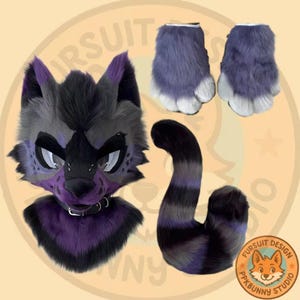 Toony wolf fursuit hoofd, harige kant-en-klare bontkop + klauwen + staart, harige cosplay, Wolf Fantasy Creatures
