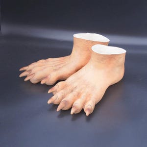 May include: A pair of realistic-looking, flesh-toned, latex prosthetic feet with long, clawed toes. The feet are designed to look like a monster or creature.