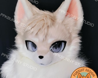 May include: White and light brown fursuit head with blue eyes and a pink nose. The fursuit head has a white fur collar and is decorated with the text "PPKBUNNY STUDIO" and a logo of a fox with the text "FURSUIT DESIGN" and "PPKBUNNY STUDIO".