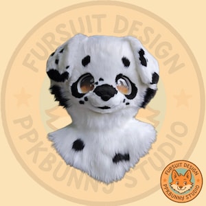 May include: A white and black Dalmatian-style fursuit head. The head features large, expressive eyes, black spots, and a fluffy white fur texture. The design includes a black nose and ears, with the PPKBUNNY STUDIO logo in the background.