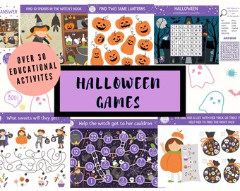 Halloween-activiteiten en -spellen, digitale download, homeschool, herfstwerkbladen, homeschool-halloweenspellen.