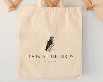 Matthew 6:26 Canvas Tote Bag, Look at the birds, Christian tote bag women, Matthew 6, Gift for Christian, Bible tote