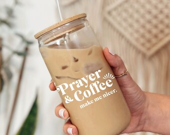Prayer & Coffee Glass Cup with Lid and Straw, Pray without ceasing Christian Coffee Lover Gift Christian Glass Cup Funny Christian Gift