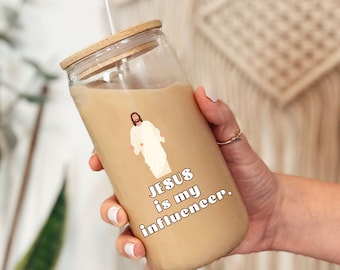 Jesus is My Influencer Glass with Lid and Straw, Christian Coffee Lover Gift Christian Glass Cup Mama Iced Coffee Glass Christianity