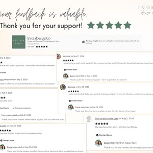 May include: A collage of customer reviews for an Etsy shop called EvoraDesignCo. All the reviews are positive and feature five-star ratings. The reviews highlight the quality of the products, the excellent customer service, and the fast shipping times. The shop's logo is a stylized image of a flower.