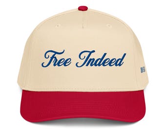 Christian Embroidered Hat 'Free Indeed' Adult Baptism Gift for Christian Natural Sand, Blue, and Red