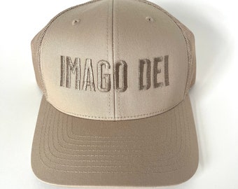 Christian Trucker Hat Imago Dei Image of God Embroidered Hat Snapback Adult Baptism Gift for Christian Beige Natural Sand Color