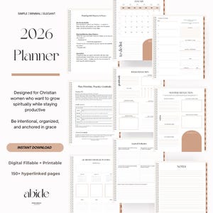 May include: A digital 2026 planner with a minimalist design. The planner includes sections for planning, reflection, and notes. The cover features the text "2026 Planner" and the words "Simple | Minimal | Elegant". The planner is designed for Christian women.
