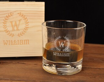 Personalized Whiskey Glass Set with Engraved Wooden Box