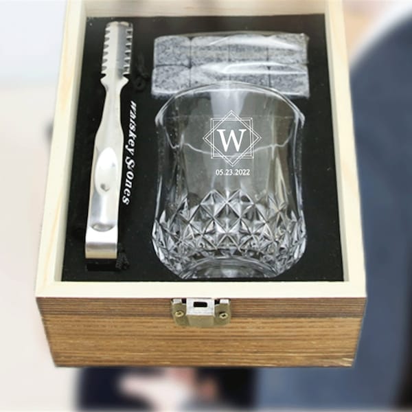 Personalized Whisky Glass Set with Whiskey Stones in Personalized Wood Box. Gifts for Him Christmas Whiskey with Bourbon Glass Best Man Gift