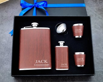 Set di fiaschette personalizzate per testimoni dello sposo: confezione regalo con fiaschetta incisa personalizzata