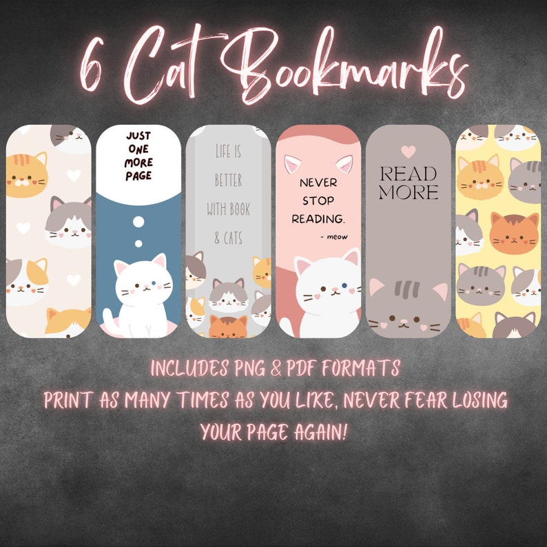 6 Cute Cat Colourful Bookmarks Digital Download Print From Etsy Australia