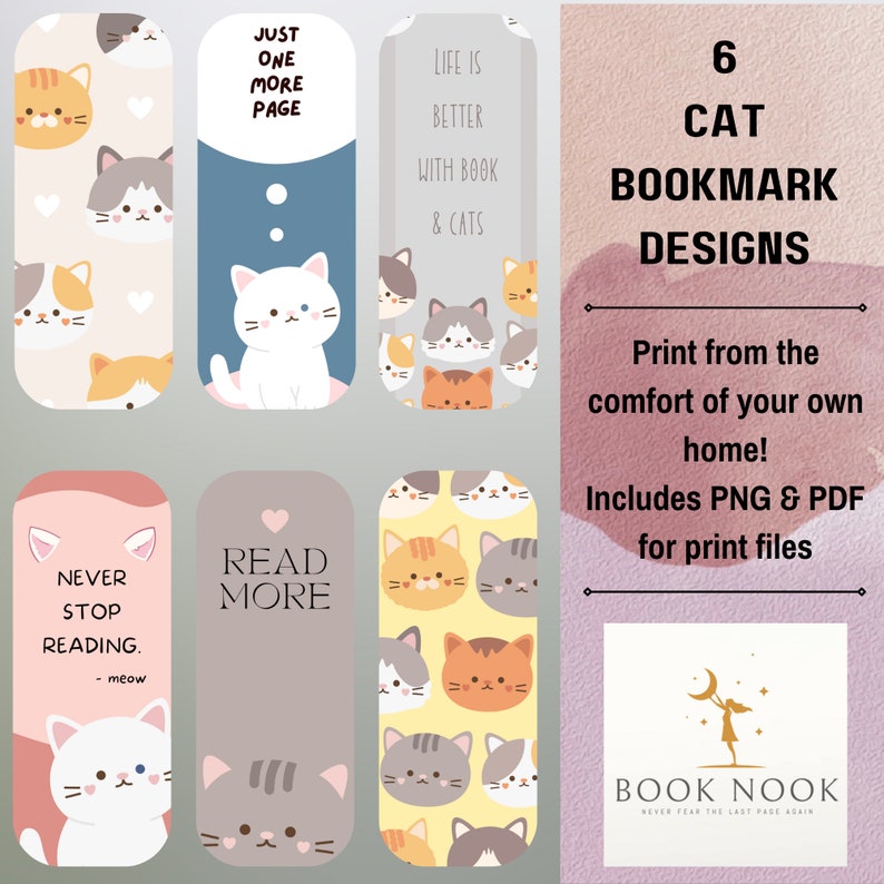 6 Cute Cat Colourful Bookmarks Digital Download Print From Etsy Australia