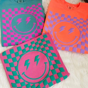 Youth SizeCheckered Smiley Puff Print Tee, Summer Tee, Oversized Shirt, Comfort Colors image 1