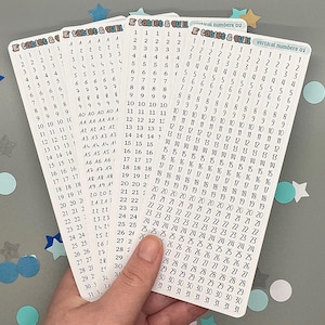 Op de afbeelding: Vier vellen wit papier met zwarte nummers erop gedrukt. De nummers zijn gerangschikt in kolommen en rijen. De vellen zijn gelabeld met "tablet & quill" en "vertical numbers".