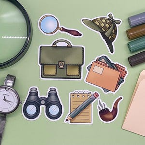 Fiocchi di adesivo fustellati con detective misterioso a tema detective, adesivi di carta opaca unici e fatti a mano per pianificatori, agende, diari, bujo