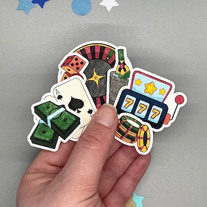 Pegatinas troqueladas "Siente la suerte" con temática de casino, únicas y hechas a mano en papel mate para planificadores, agendas, diarios y bujos.