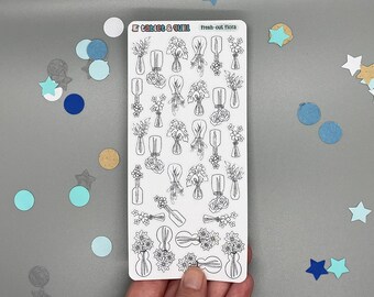 Flower Themed Fresh-Cut Flora Color Your Own Black and White Bullet Journal Matte Paper Sticker Sheet for Planners, Agendas, Journals, Bujo