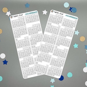 May include: Two white sticker sheets with 2020 calendar layouts, featuring the text "Tablet & Quill" and "2020: Monday starts." The stickers are surrounded by blue, white, and gold confetti.