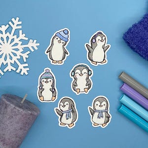 Pegatinas troqueladas de pingüinos escarchados con temática de pingüinos, únicas y hechas a mano con pegatinas de papel mate para planificadores, agendas, diarios, bujo