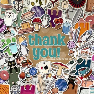 May include: A collection of colorful stickers featuring various designs, including cats, penguins, mushrooms, crystals, and travel-themed illustrations. The phrase "thank you!" is prominently displayed in the center, with a call to action to find the seller on social media for a discount.