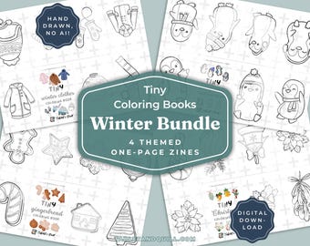 Printable Tiny Winter Bundle Coloring Book, DIY 1 Page Zine Craft, Cute Winter Coloring Pages, Pocket Coloring Activity Digital Download PDF