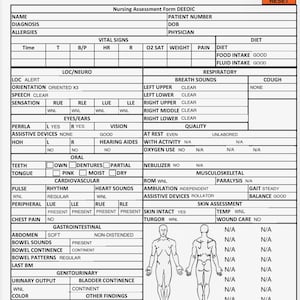 May include: A medical assessment form, filled out with patient information, vital signs, and observations. The form includes sections for neurological, respiratory, and gastrointestinal assessments, with space for notes and signatures.