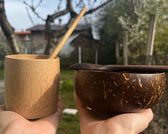 Personalized Coconut Shell Bowl and Cutlery with Bamboo Mug and Straw, Wooden Eco Starter Set, Custom Zero Waste Camping Utensils