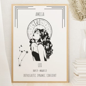 Personalized Leo Zodiac Print, Zodiac Wall Art, Star Sign Gift, Leo Astrology, Bedroom Print, Birthday Gift