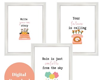 3 Piece Minimalist Growth Mindset Printable Wall Art. Write Your Own Story. Your Future is calling. Rain is Just Confetti from the sky Art