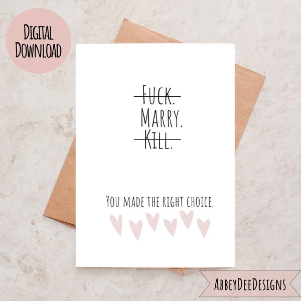 Fuck Marry Kill Wedding Card, Printable Wedding Card, Card for Brides, Funny Wedding, Wedding Humor, engagement cards, bachelorette card.