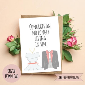 Parabéns por não viver mais no pecado, cartão de casamento para impressão, cartão para noivas, casamento engraçado, humor de casamento, cartões de noivado, cartão sarcástico