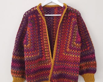 Crochet Granny Hexagon Cardigan Pattern, Easy Balloon Sleeves Sweater (PDF Pattern)