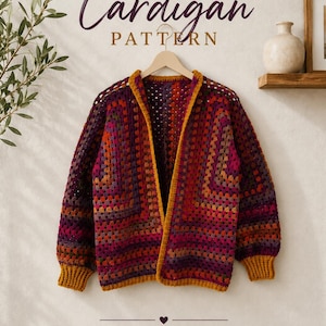 May include: A crochet cardigan featuring a multi-coloured granny square pattern in shades of deep purple, orange, and red, with solid mustard yellow ribbed cuffs and trim. Text reads: CROCHET Cardigan PATTERN, STEP-BY-STEP INSTRUCTIONS, SIZES XS - 5XL.