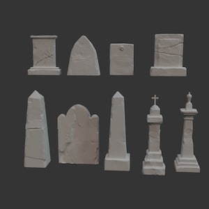 Puede incluir: Un conjunto de nueve estilos diferentes de marcadores de tumbas de piedra, que incluyen un alto obelisk, una cruz, una lápida con una calavera y huesos cruzados y una simple piedra rectangular.
