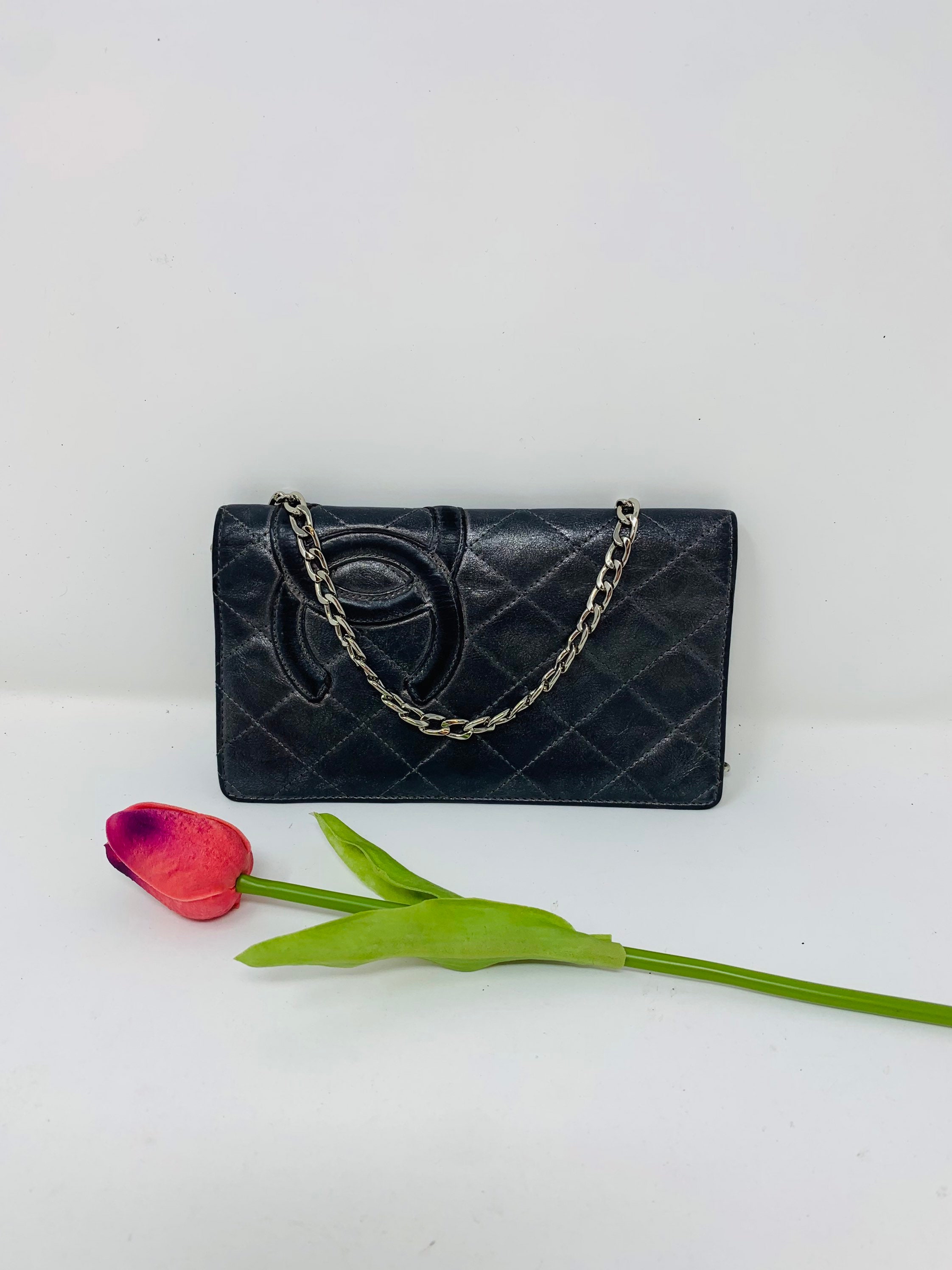 Chanel Vintage 90's Woc Wallet On A Chain Black Calfskin Leather