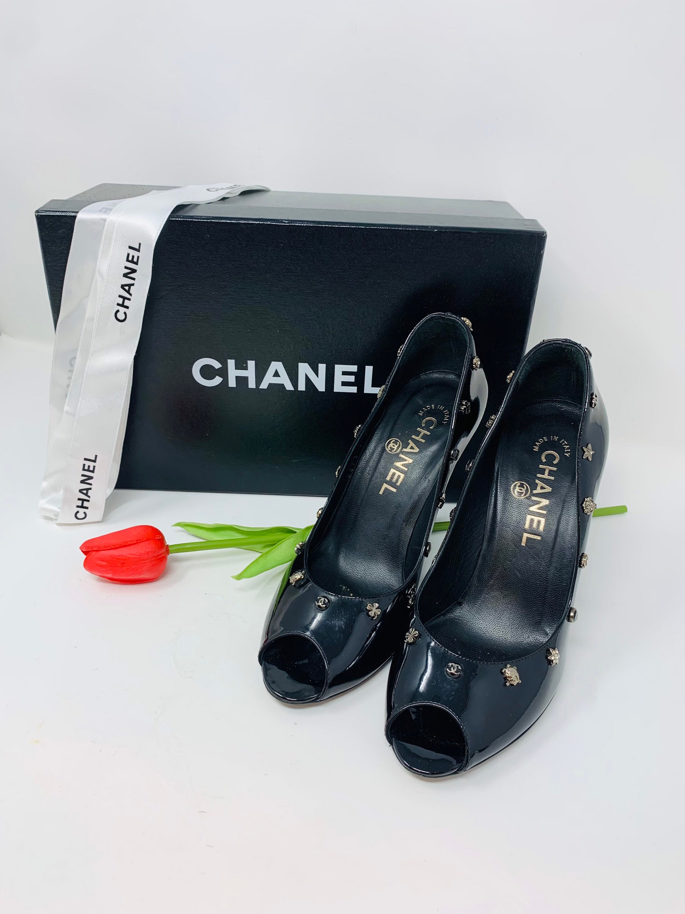 Chanel Black Beige Leather Metal Camellia Wedge Shoes Patent
