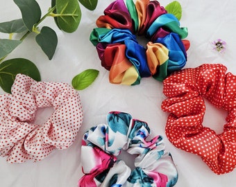 Pattern Range Hair Scrunchies | Pride Scrunchie | rainbow | Handmade | Satin | Scrunchie Hair Tie Purple Flower Elephant Polka Dot