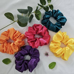 Bold Hair Scrunchies | Scrunchie | Handmade | Satin | Scrunchie Purple Pink Orange Yellow Green Royal Blue