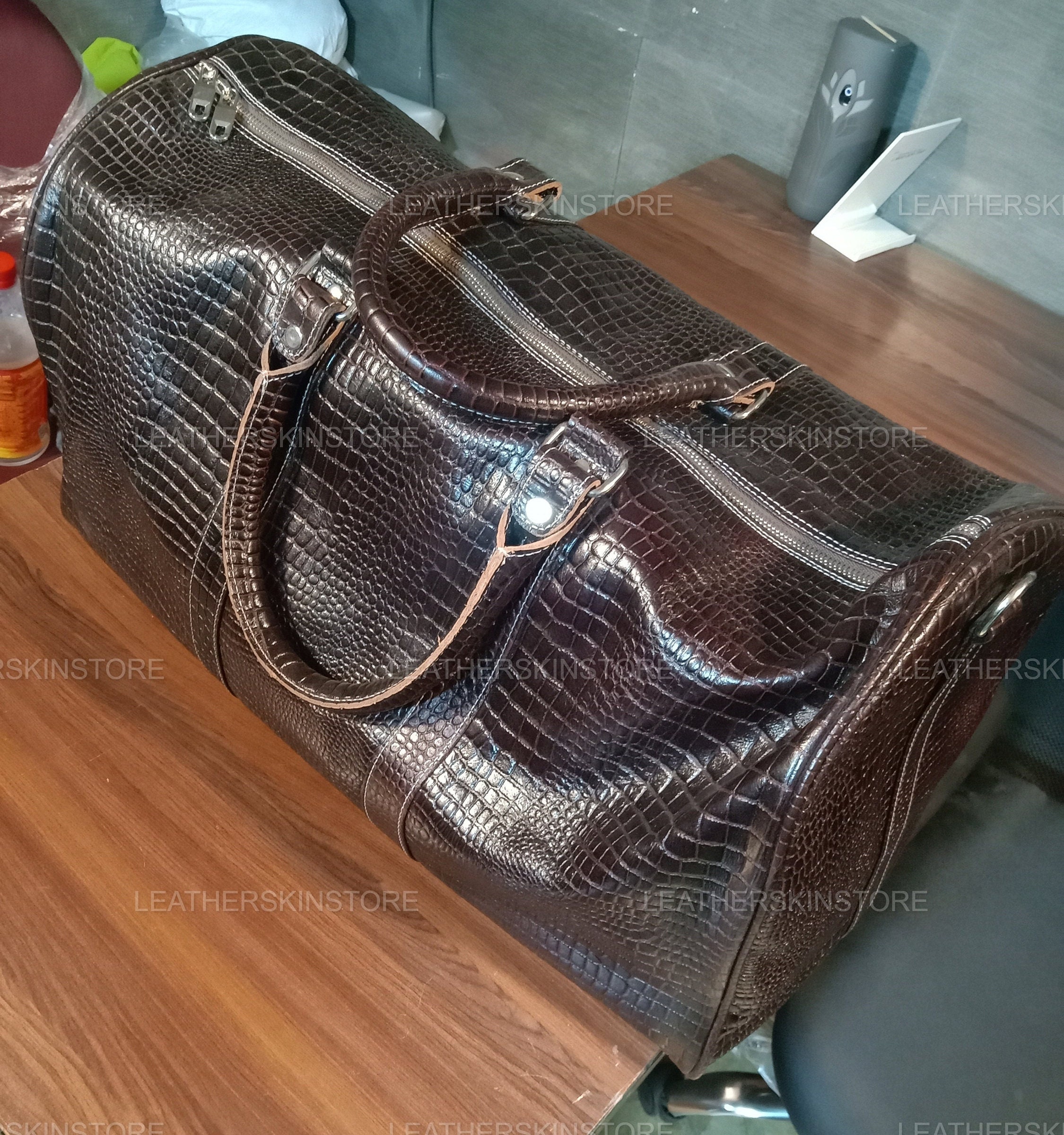 Crocodile Leather Travel Weekender Overnight Duffel Bag