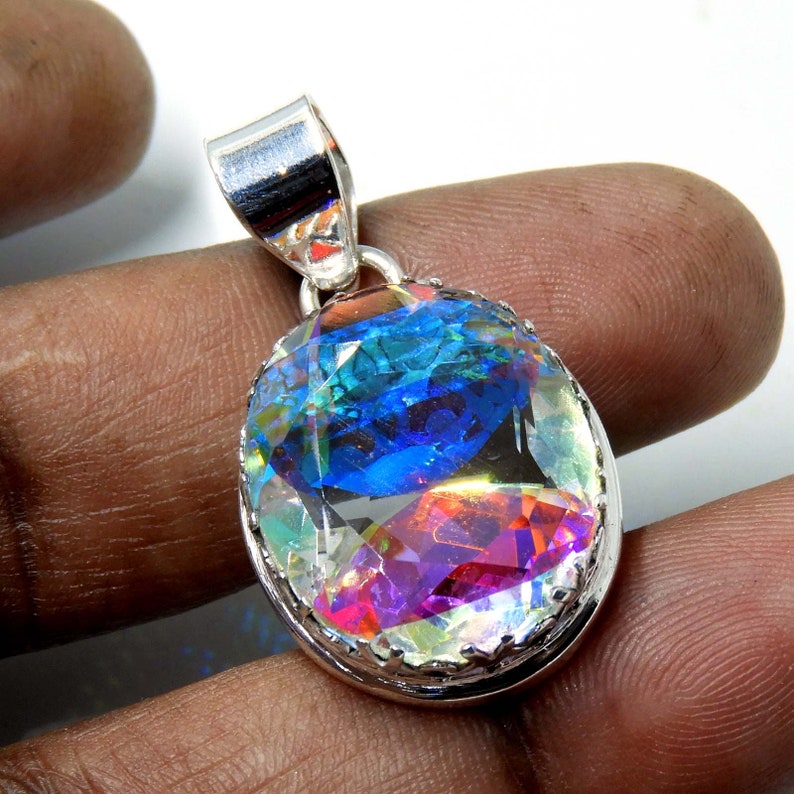 Rainbow Mystic Topaz Pendant , Sterling Silver Mystic Topaz Necklace, 37x22 mm Mercury Mystic Topaz Jewelry Pendant ,Gift For Her, Necklace image 1