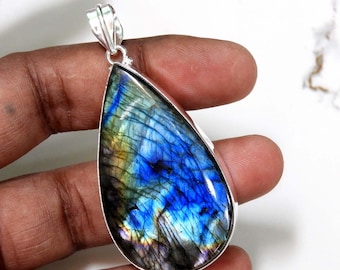 Multi Fire Teardrop Labradorite Pendant  Sterling Silver Gemstone Jewelry