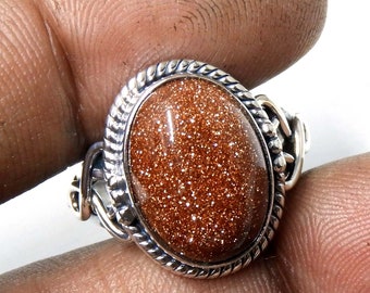 Oval Sunstone Ring: Natural Golden Glitter Stone, Sterling Silver