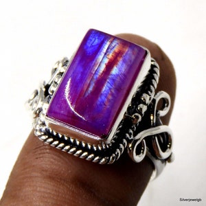 Pink Rainbow Moonstone Ring: Sterling Silver, High Flash (15x10 mm)