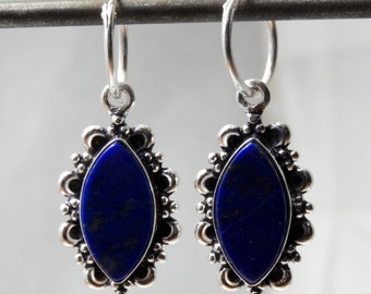 Lapis Lazuli Sterling Silver Hoop Earrings: Natural Blue Stone