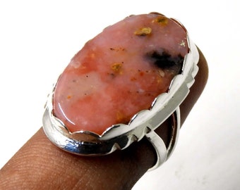 Large Pink Opal Sterling Silver Ring: Boho Statement Jewelry