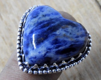 Anillo de plata de ley con sodalita en forma de corazón: anillo grande con piedra preciosa